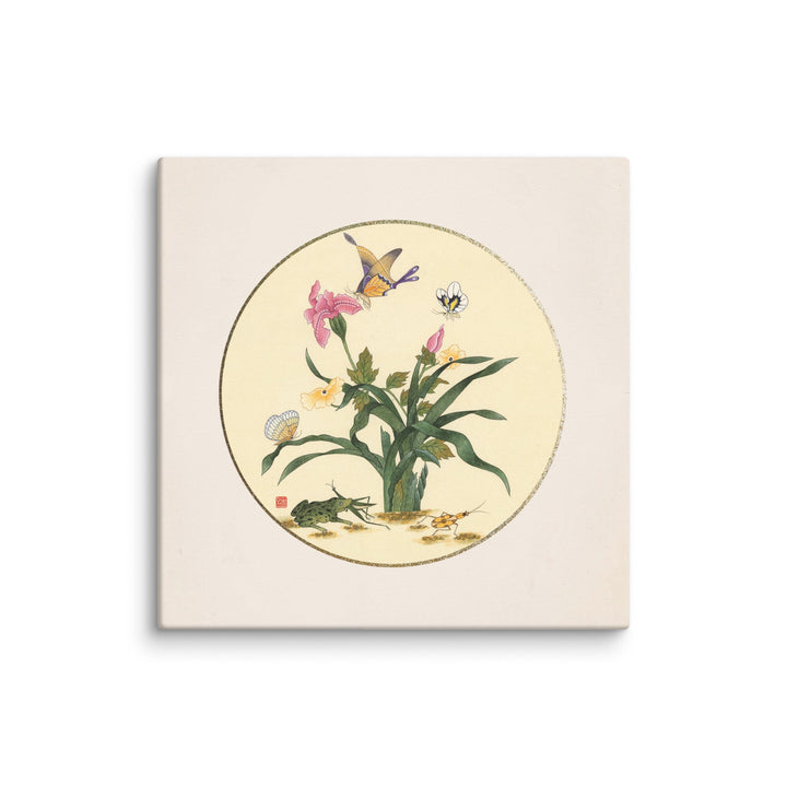 Leinwand - Blumen, Schmetteringe und Frosch ohne Rahmen / 51x51 cm (20"x20") artlia
