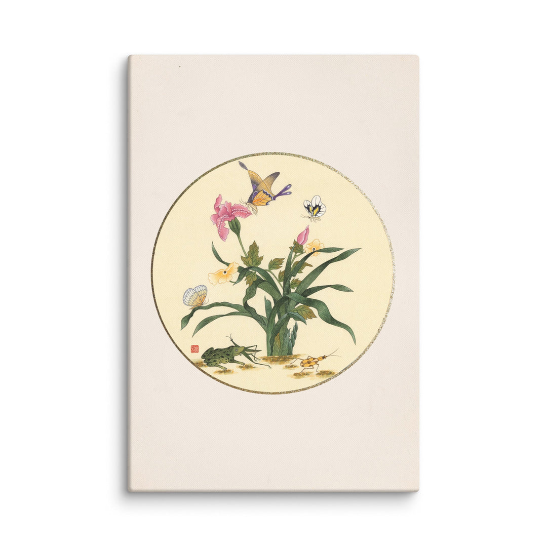 Leinwand - Blumen, Schmetteringe und Frosch ohne Rahmen / 61x91 cm (24″×36″) artlia
