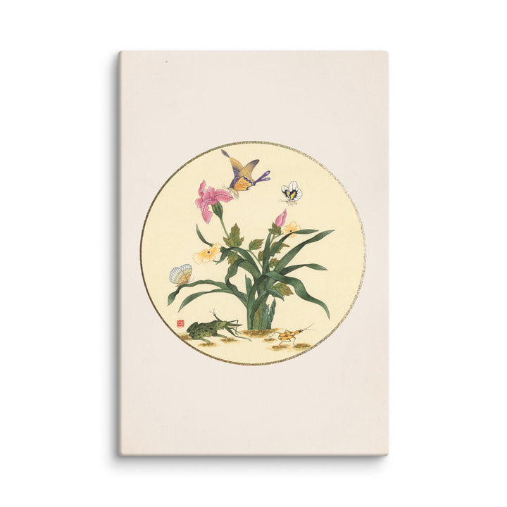 Leinwand - Blumen, Schmetteringe und Frosch ohne Rahmen / 61x91 cm (24″×36″) artlia
