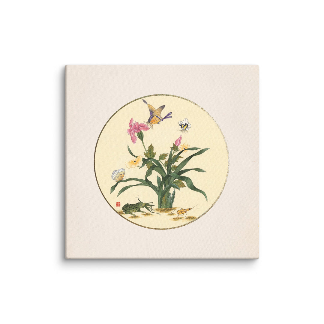 Leinwand - Blumen, Schmetteringe und Frosch ohne Rahmen / 71x71 cm (28"x28") artlia