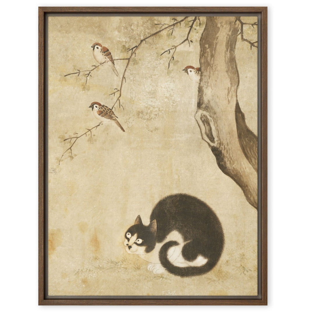 Leinwand - Katze und Spatzen, Byeon Sang-byeok Braun / 46x61 cm (18″×24″) artlia