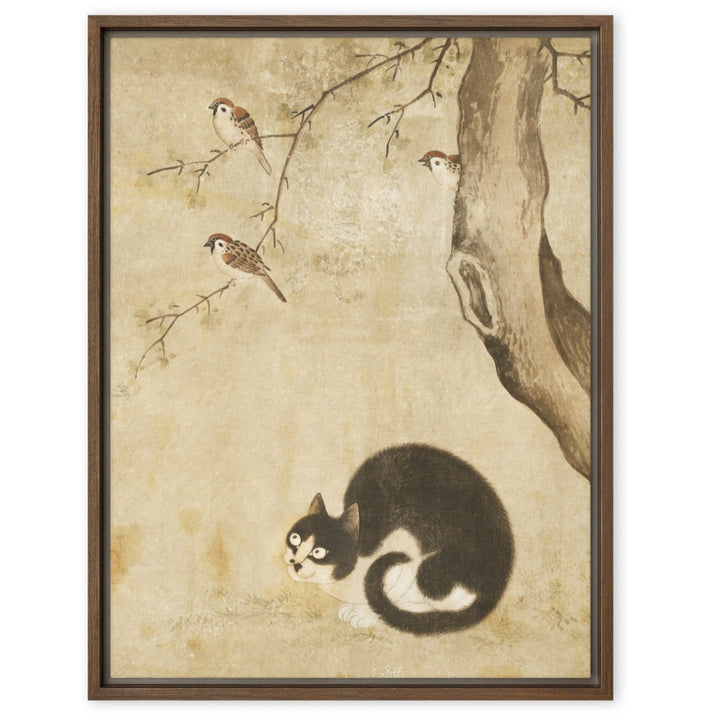 Leinwand - Katze und Spatzen, Byeon Sang-byeok Braun / 46x61 cm (18″×24″) artlia