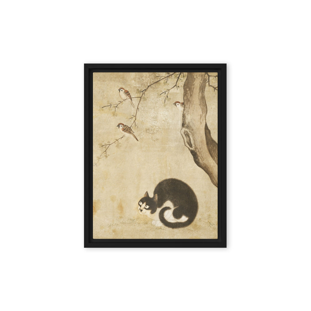 Leinwand - Katze und Spatzen, Byeon Sang-byeok Schwarz / 31x41 cm (12″×16″) artlia