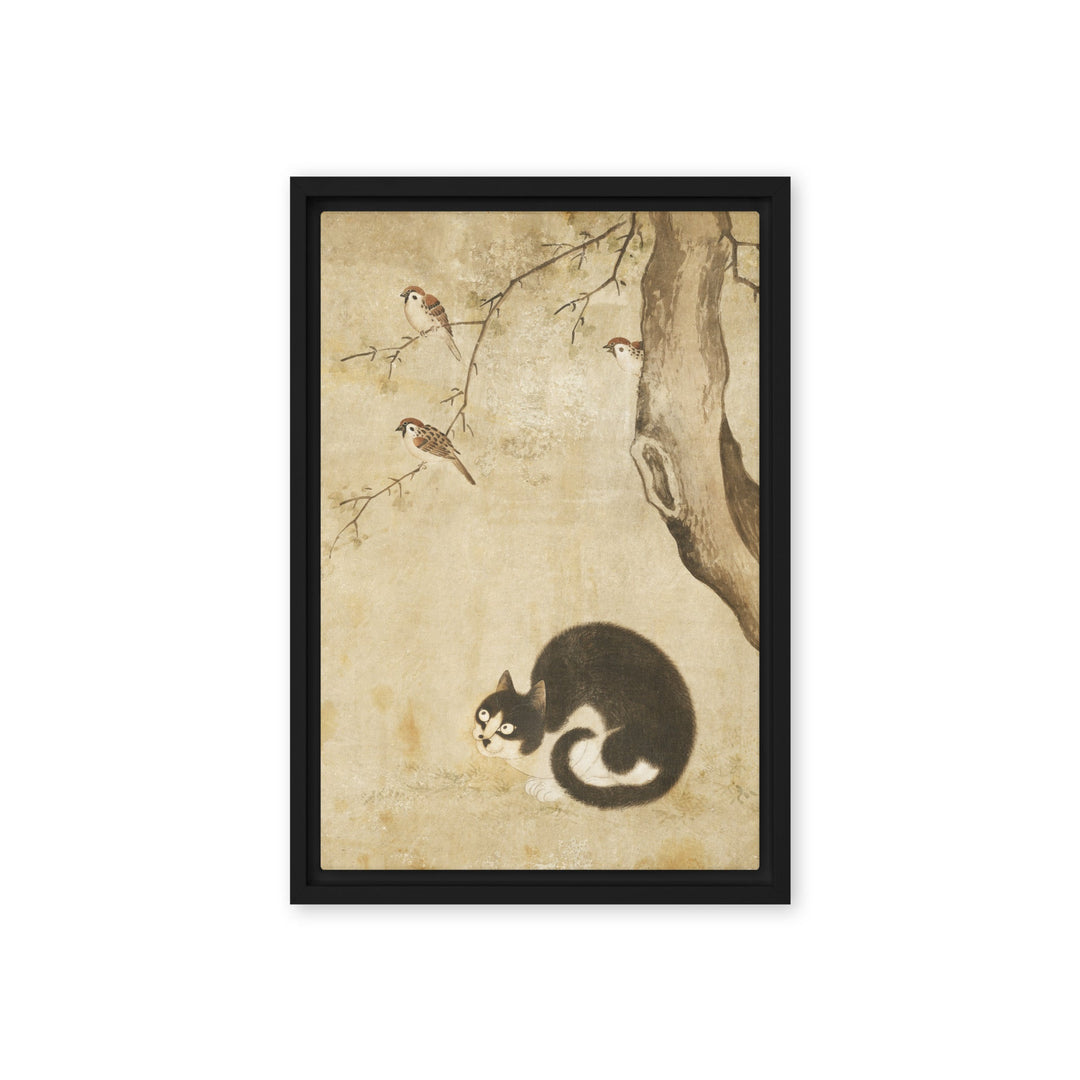 Leinwand - Katze und Spatzen, Byeon Sang-byeok Schwarz / 31x46 cm (12″×18″) artlia