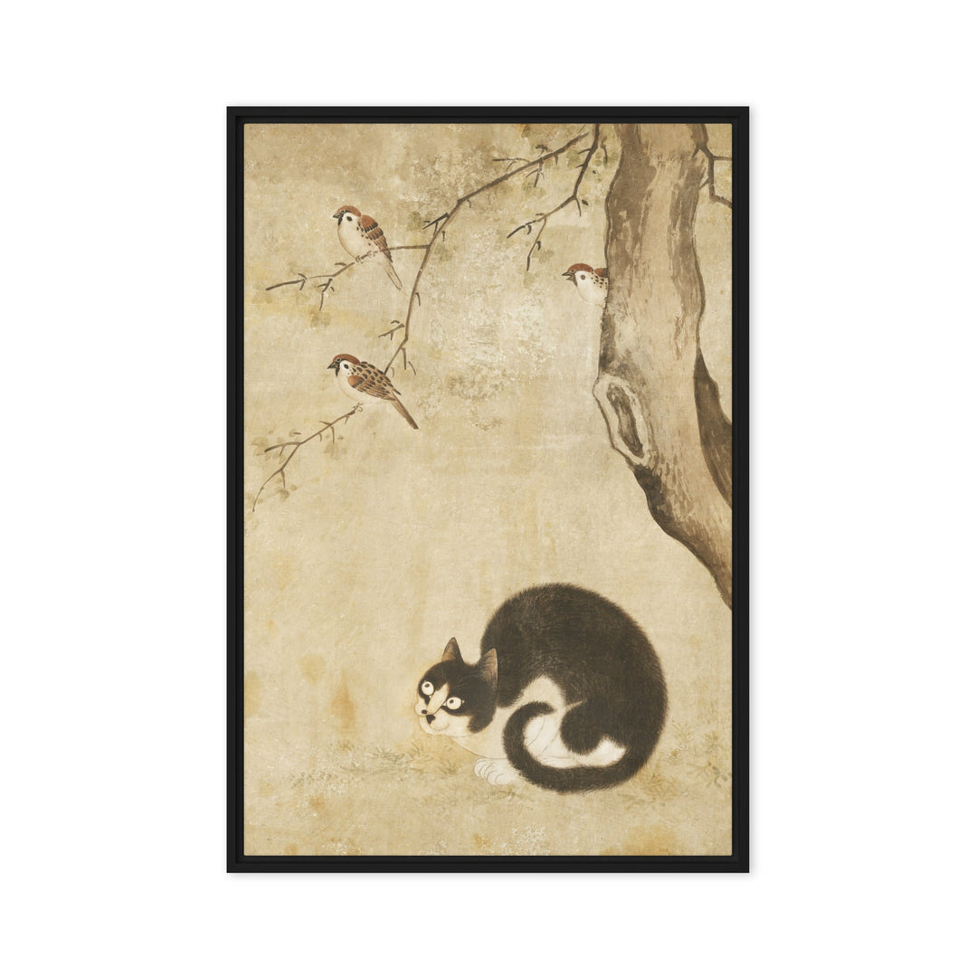Leinwand - Katze und Spatzen, Byeon Sang-byeok Schwarz / 51x76 cm (20″×30″) artlia