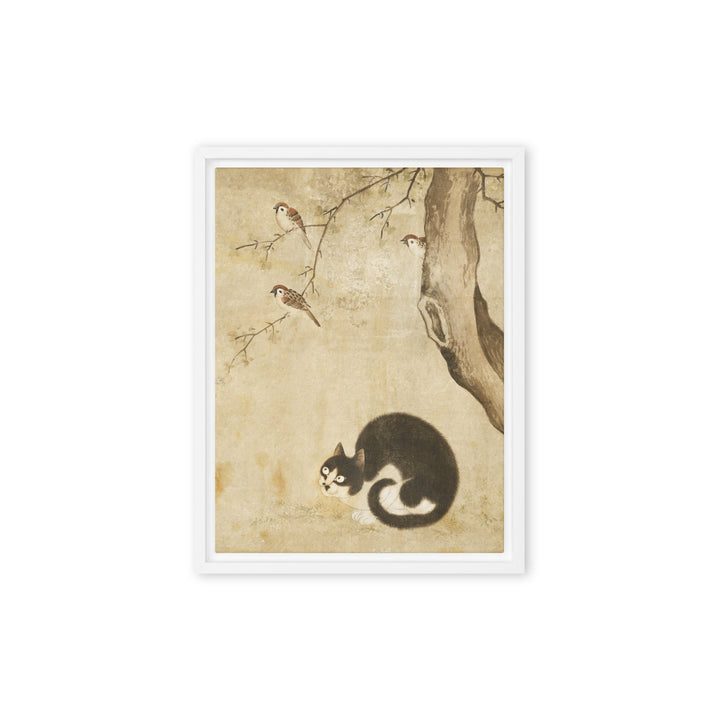 Leinwand - Katze und Spatzen, Byeon Sang-byeok Weiß / 31x41 cm (12″×16″) artlia