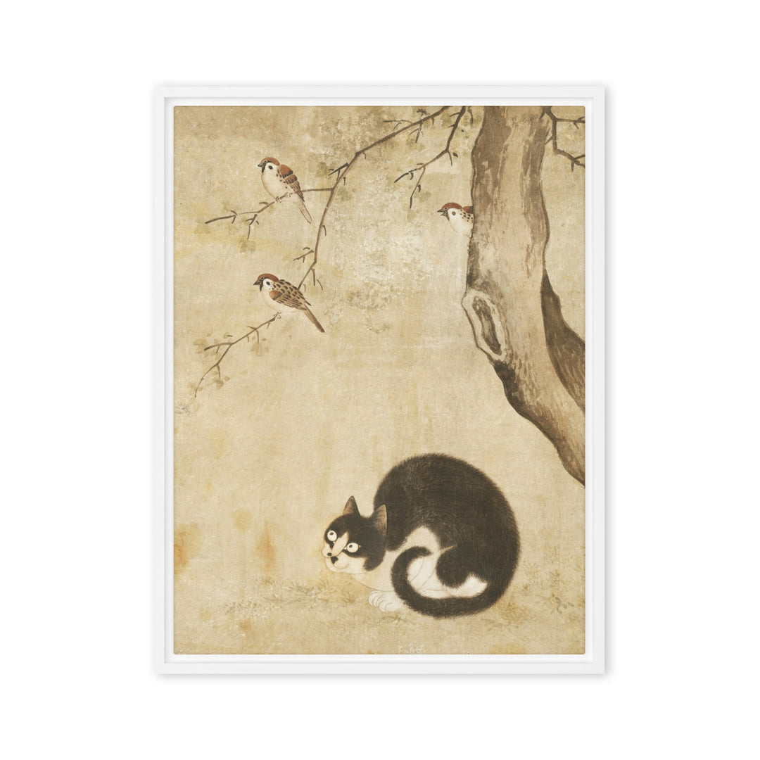 Leinwand - Katze und Spatzen, Byeon Sang-byeok Weiß / 46x61 cm (18″×24″) artlia