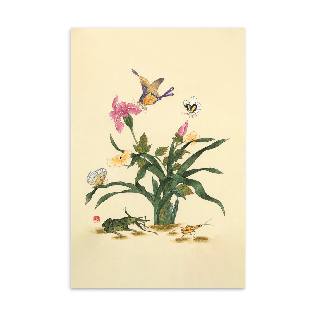 Blumen, Schmetteringe und Frosch - Postkarte artlia