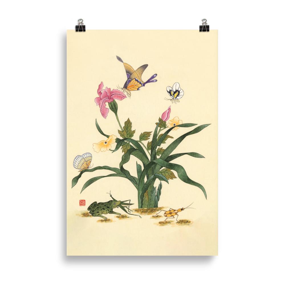 Blumen, Schmetteringe und Frosch - Poster artlia