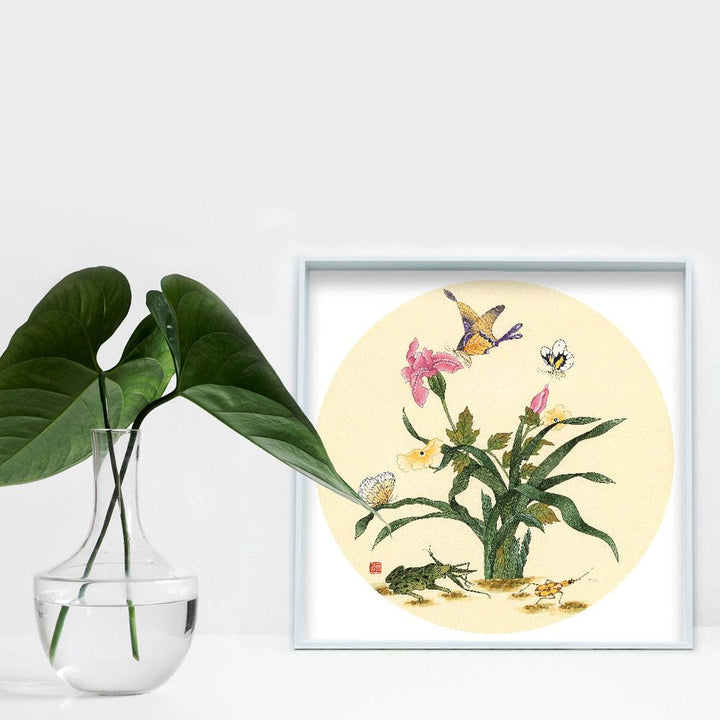 Blumen, Schmetteringe und Frosch - Poster artlia