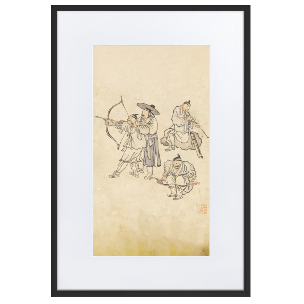 Bogenschiessen, Kim Hong-do - Poster im Rahmen mit Passepartout Schwarz / 61×91 cm artlia