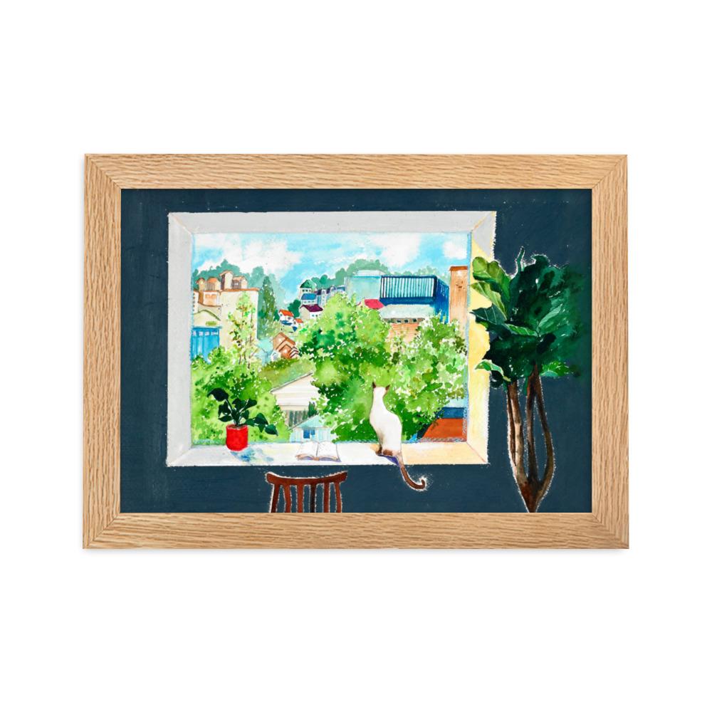 Die Katze, die Liebesgeschichten liest - Poster im Rahmen Oak / 21×30 cm artlia