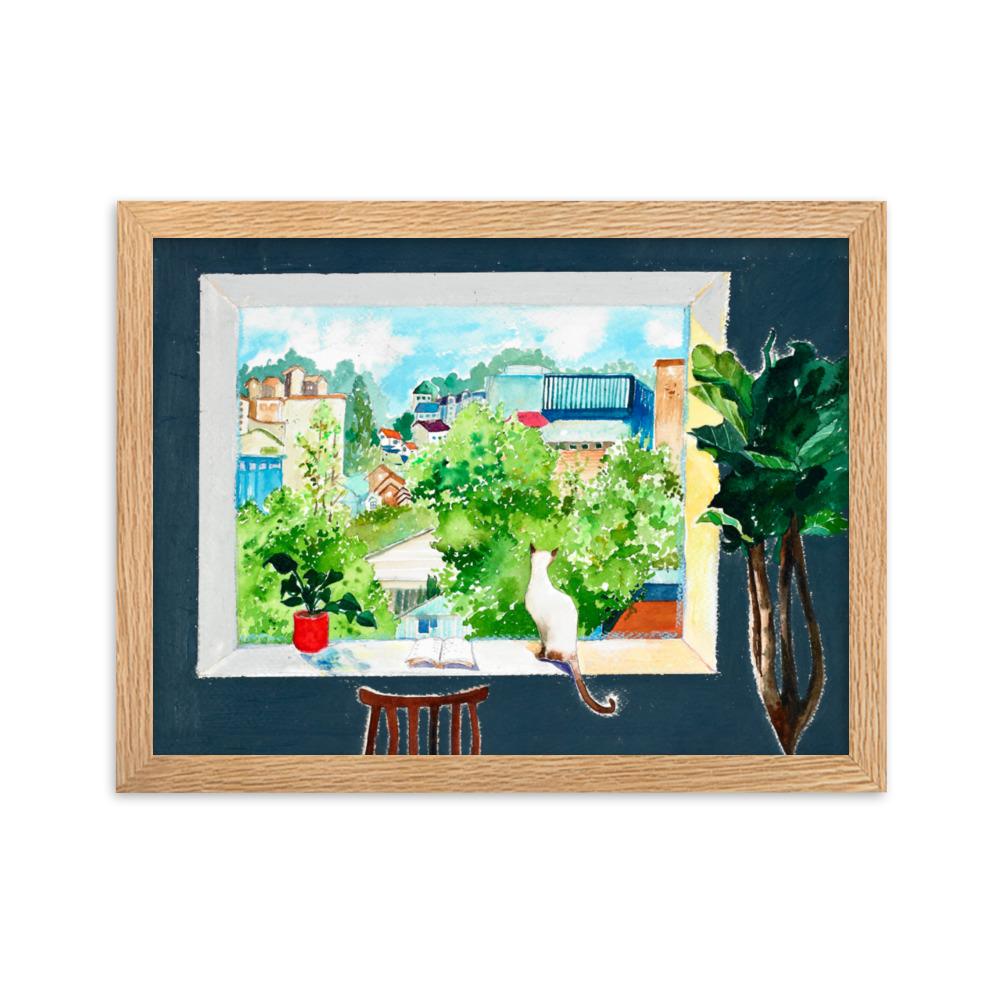 Die Katze, die Liebesgeschichten liest - Poster im Rahmen Oak / 30×40 cm artlia