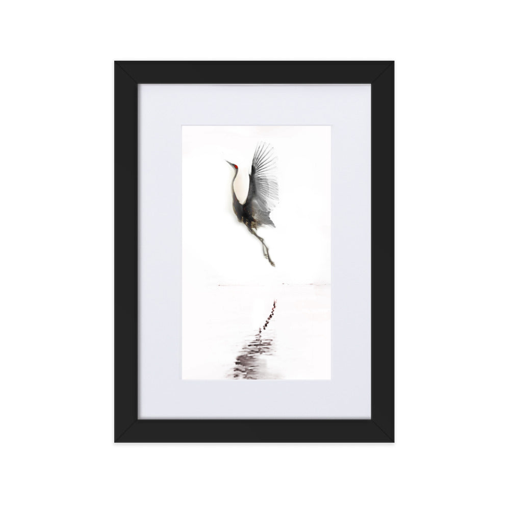 fliegender Kranich - Poster im Rahmen mit Passepartout Schwarz / 21×30 cm artlia
