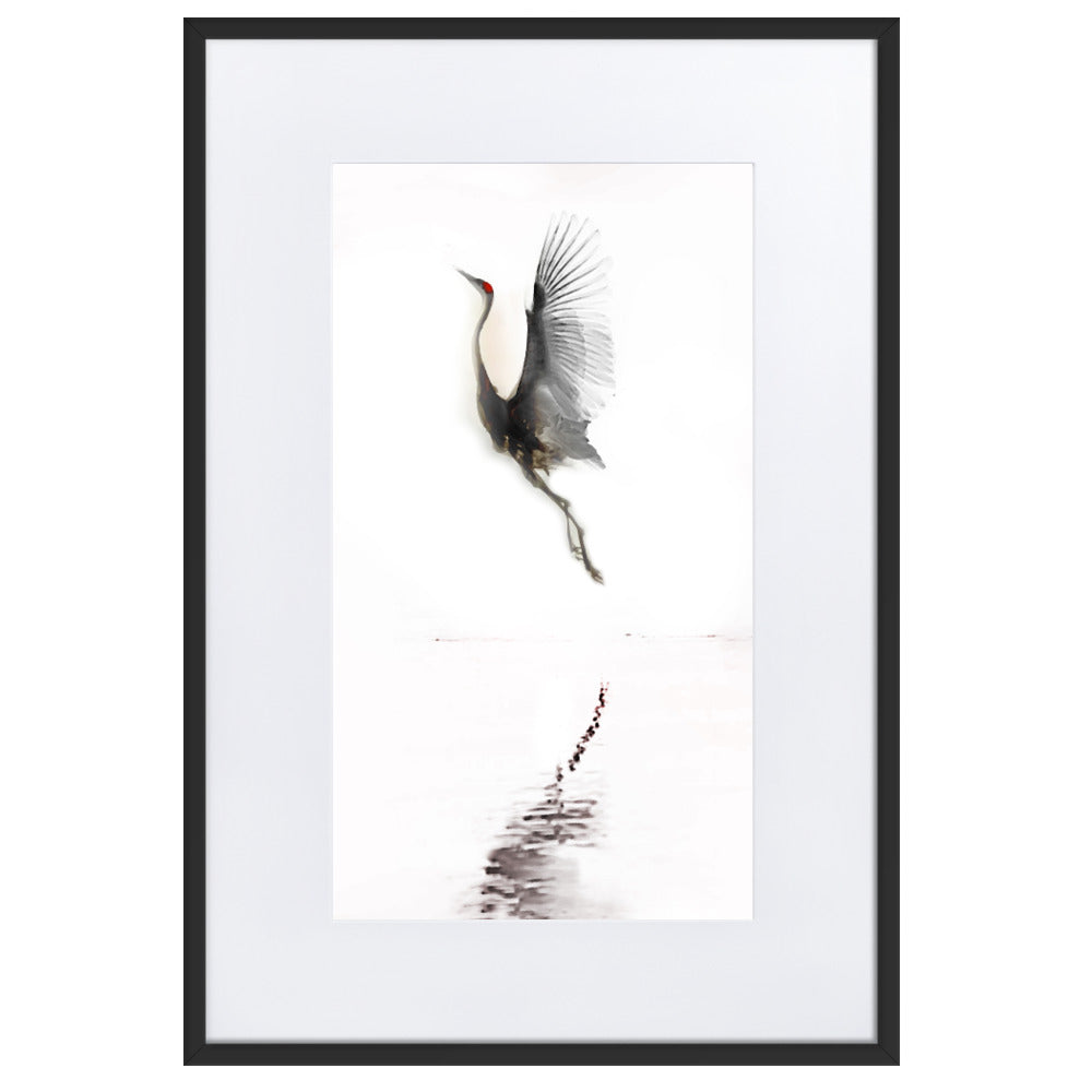 fliegender Kranich - Poster im Rahmen mit Passepartout Schwarz / 61×91 cm artlia
