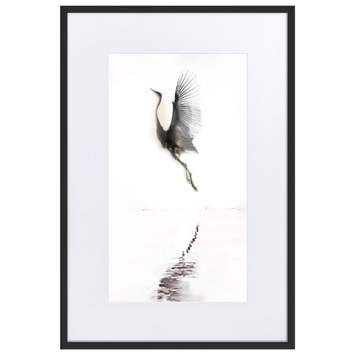 fliegender Kranich - Poster im Rahmen mit Passepartout Schwarz / 61×91 cm artlia