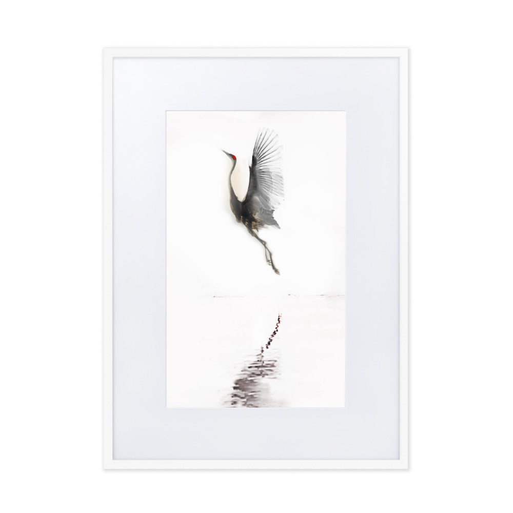 fliegender Kranich - Poster im Rahmen mit Passepartout Weiß / 50×70 cm artlia