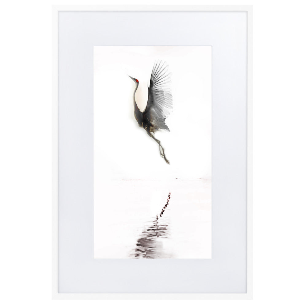 fliegender Kranich - Poster im Rahmen mit Passepartout Weiß / 61×91 cm artlia