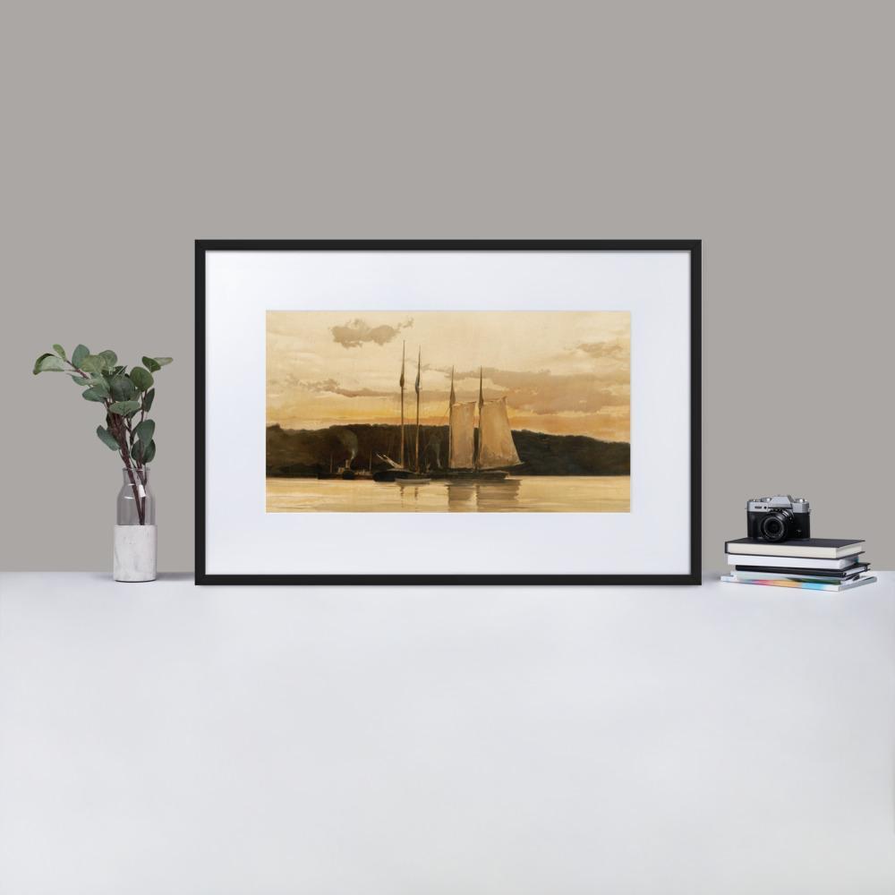 Schiffe im Sonnenuntergang - Poster im Rahmen mit Passepartout artlia
