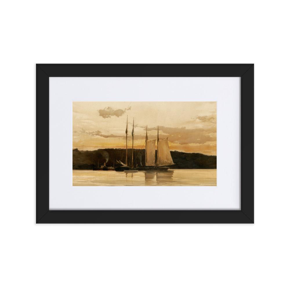 Schiffe im Sonnenuntergang - Poster im Rahmen mit Passepartout schwarz / 21×30 cm artlia