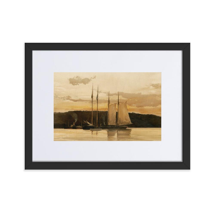 Schiffe im Sonnenuntergang - Poster im Rahmen mit Passepartout schwarz / 30×40 cm artlia