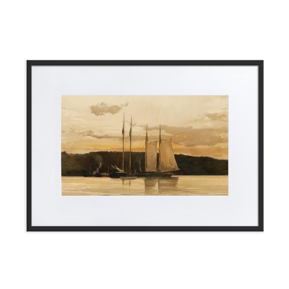 Schiffe im Sonnenuntergang - Poster im Rahmen mit Passepartout schwarz / 50×70 cm artlia