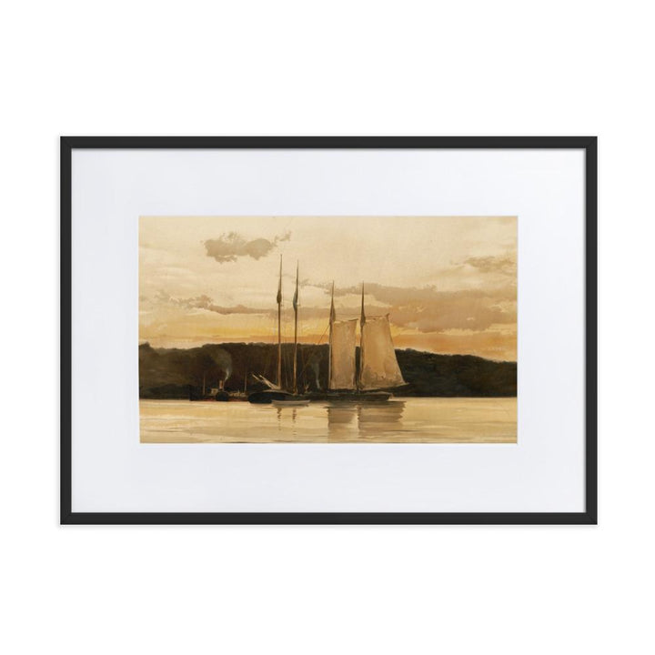 Schiffe im Sonnenuntergang - Poster im Rahmen mit Passepartout schwarz / 50×70 cm artlia