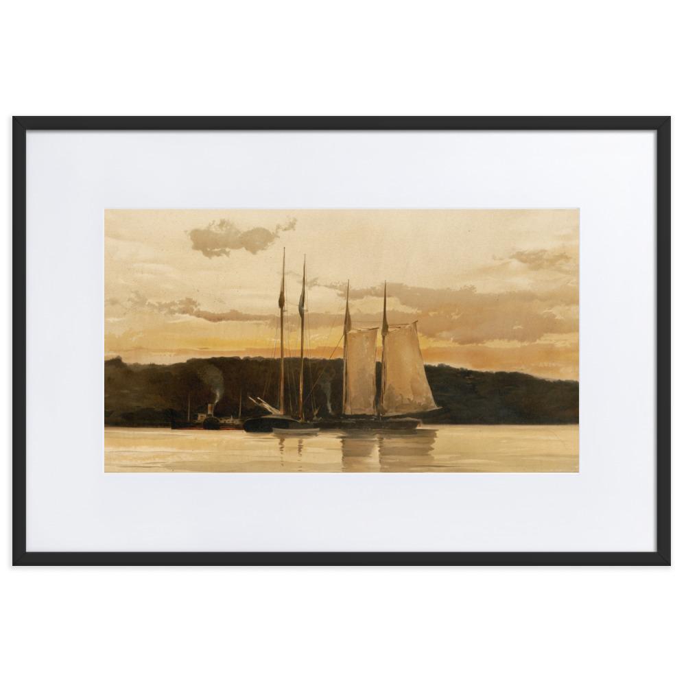 Schiffe im Sonnenuntergang - Poster im Rahmen mit Passepartout schwarz / 61×91 cm artlia