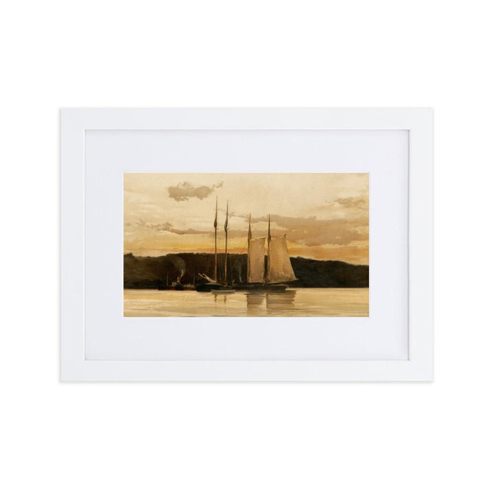 Schiffe im Sonnenuntergang - Poster im Rahmen mit Passepartout weiß / 21×30 cm artlia