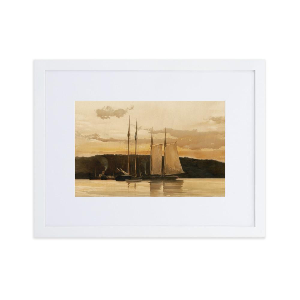 Schiffe im Sonnenuntergang - Poster im Rahmen mit Passepartout weiß / 30×40 cm artlia