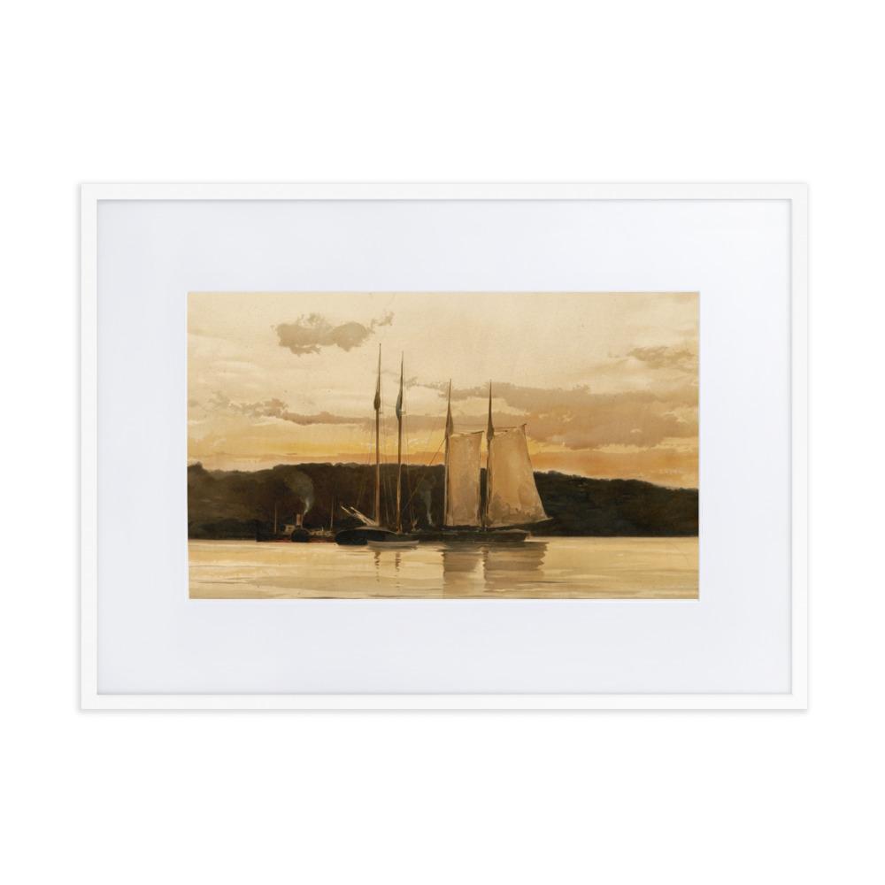 Schiffe im Sonnenuntergang - Poster im Rahmen mit Passepartout weiß / 50×70 cm artlia