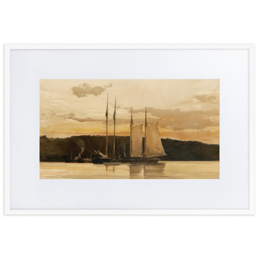 Schiffe im Sonnenuntergang - Poster im Rahmen mit Passepartout weiß / 61×91 cm artlia