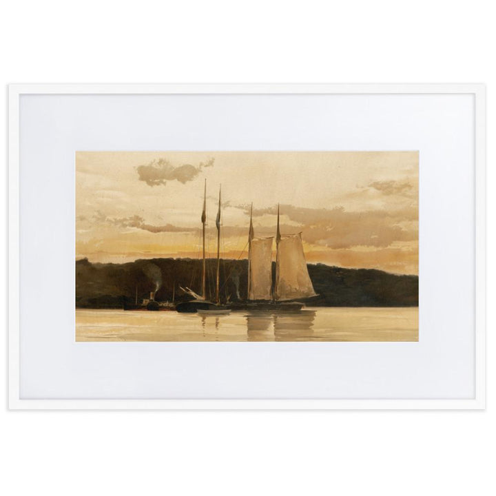 Schiffe im Sonnenuntergang - Poster im Rahmen mit Passepartout weiß / 61×91 cm artlia