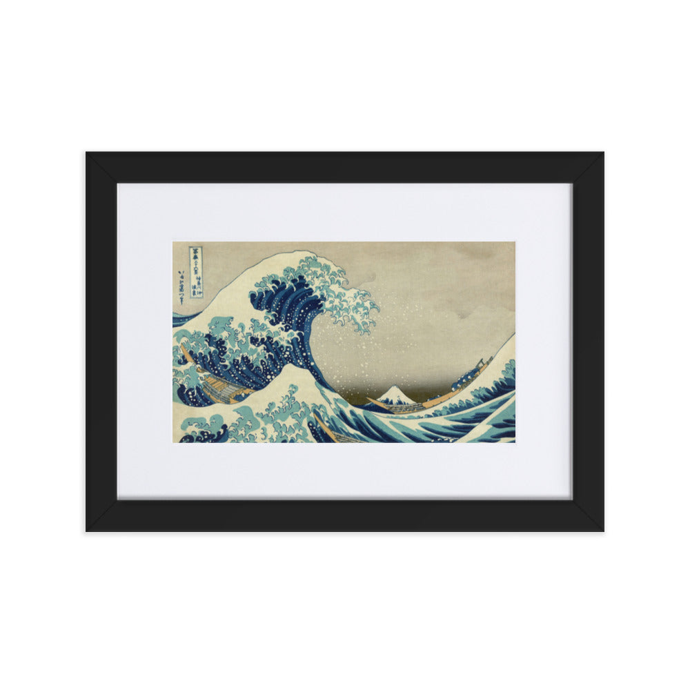 The Great Wave Hokusai - Poster im Rahmen mit Passepartout horizontal / Schwarz / 21×30 cm artlia