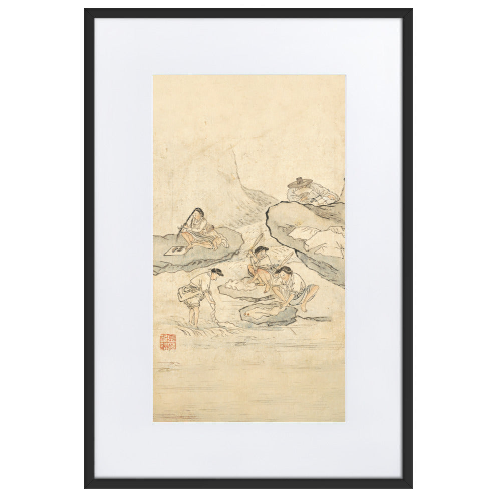 Wäscherei, Kim Hong-do - Poster im Rahmen mit Passepartout Schwarz / 61×91 cm artlia