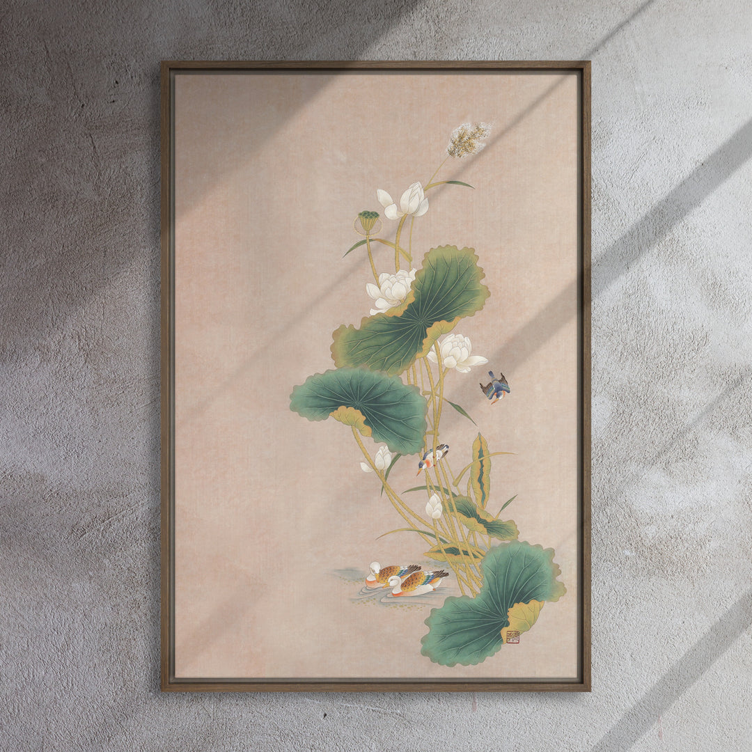 Leinwand - Seungmin Yoon, Lotusblüten mit Vögeln