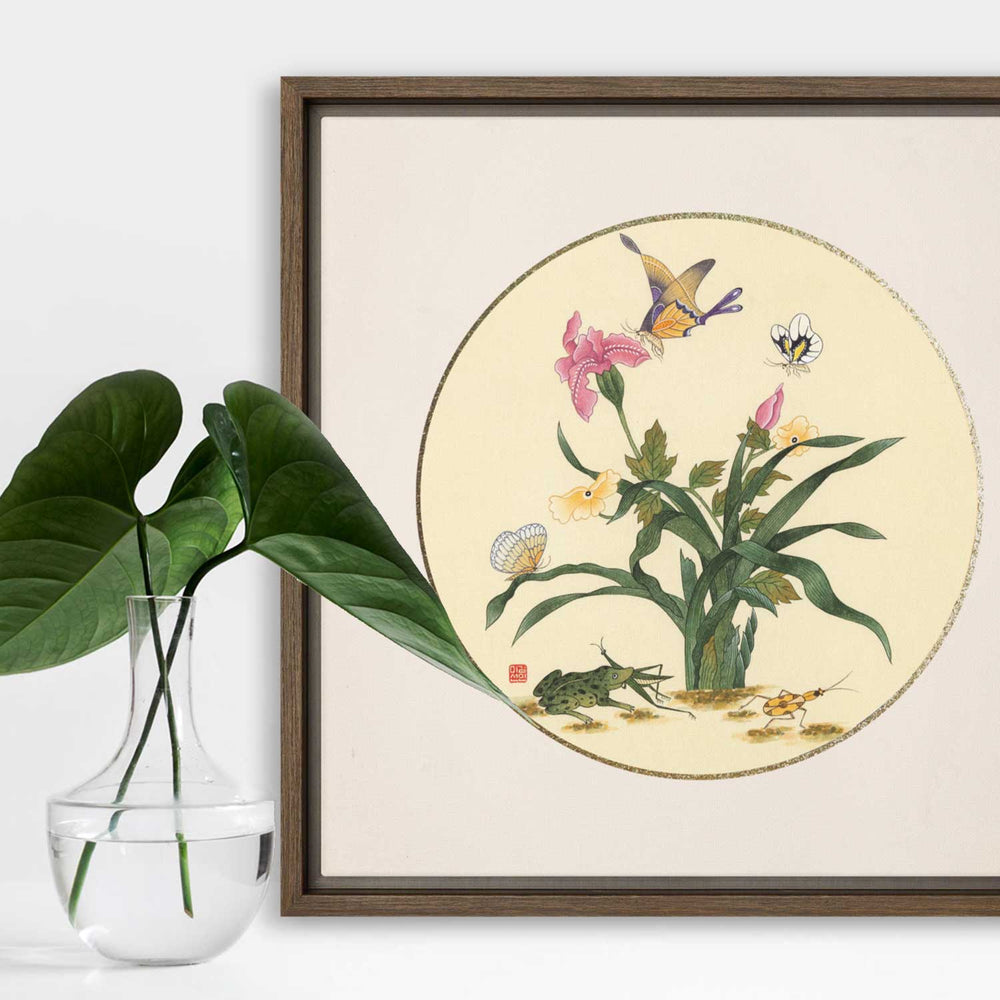 Leinwand - Blumen, Schmetteringe und Frosch Misun Kim artlia