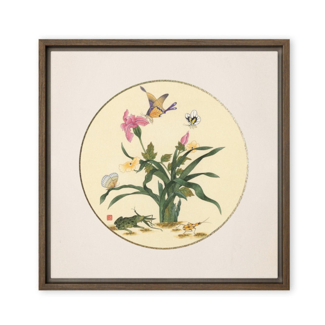 Leinwand - Blumen, Schmetteringe und Frosch Misun Kim Braun / 41x41 cm (16″×16″) artlia